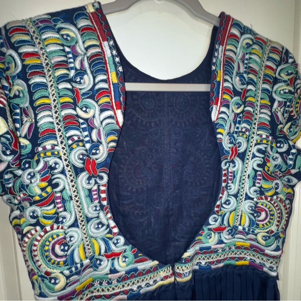 Candela Arabella Dress Navy Embroidered Pleated Open Back - Picture 7 of 16